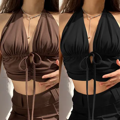 £8.54 • Buy Sexy Women Ladies Halter Deep V Neck Vest Crop Top Tank Cami Tie Back Sleeveless