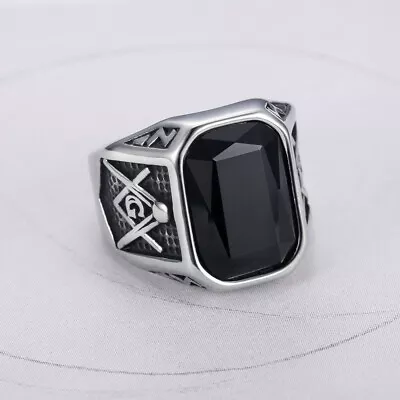 Men Stone Masonic Signet Ring Stainless Steel Statement Freemason Symbol Gfit • $10.99