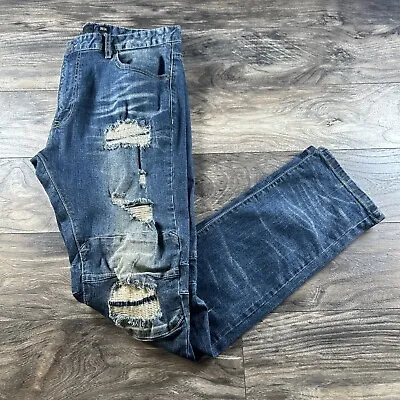 Decibel Jeans Mens 38x34 Stone Dark Blue Denim Distressed Ripped Rocker Moto • $24.97