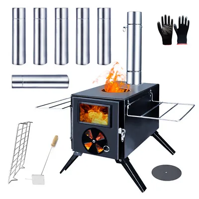 $139.89 • Buy Camping Tent Stove Iron Portable Outdoor Wood Burning Stove 7 Pipes Heating BBQ