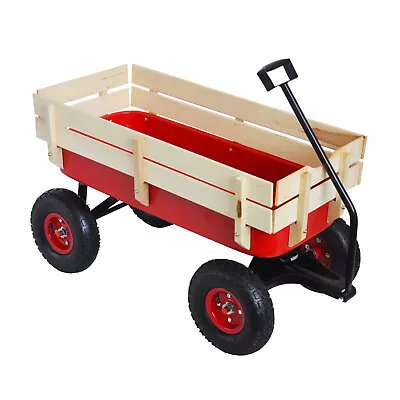 40'' Red Metal Cart Yard Garden Wagon Lawn Utility Cart W/Wood Railing Air Tires • $87.99