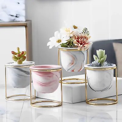 Nordic Style Iron Frame Marble Ceramic Pot Indoor Home Decor Flower Plant Disply • £8.98