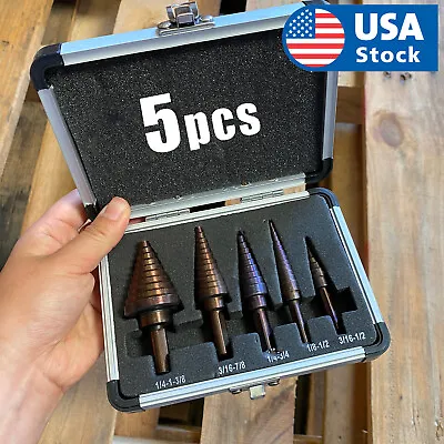 USA 5Pcs Large Metal Step Drill Bit Set HSS Multiple Hole 50 Sizes W/ Case • $14.69