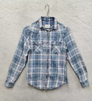 Zara Man Men Shirt Small Cotton Blue Plaid Flannel Long Sleeve Pocket Slim Fit • $17.99