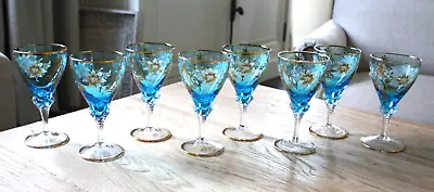 Italian Venetian Murano 8 Hand Crafted Blue Floral Wine Glasses 6  • $160