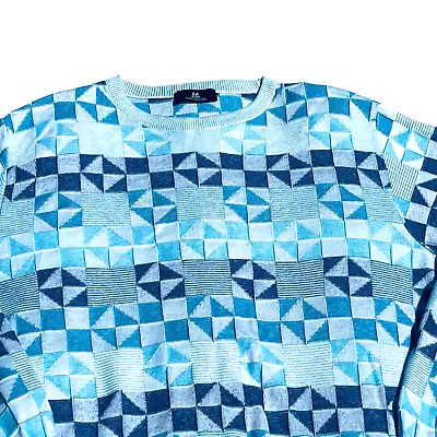 Vtg Montechiaro Blue M Knit Crewneck Pullover Sweater Coogi Style Geometric • $47.90