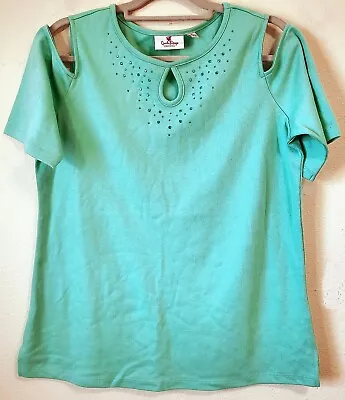 Quacker Factory Cold Shoulder Top Women's Stretch Keyhole Neck Mint Green MEDIUM • $11.99