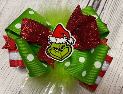 $6.25 • Buy Grinch Boutique Hair Bow Stacked Girl Toddler Christmas Green Feathers Cute