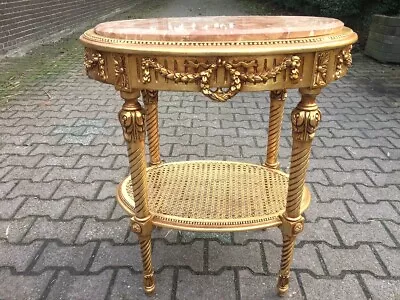 Elegance: Vintage Louis XVI Style Side Table In Gold Beech With Pink Marble Top • $1450