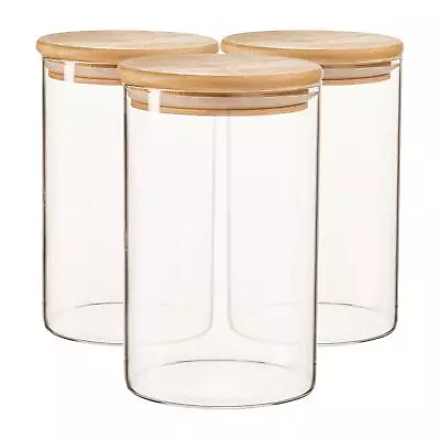 £14.99 • Buy 3x Scandi Glass Storage Jars With Wooden Lids Kitchen Food Canister 1 Litre