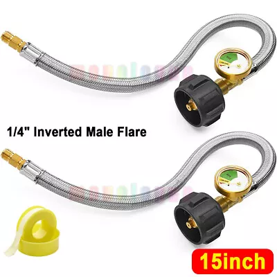 15 Inch RV Propane Pigtail Hose With Gauge 1/4”Inverted Male Flare 2Pcs 5-40lb • $23.99