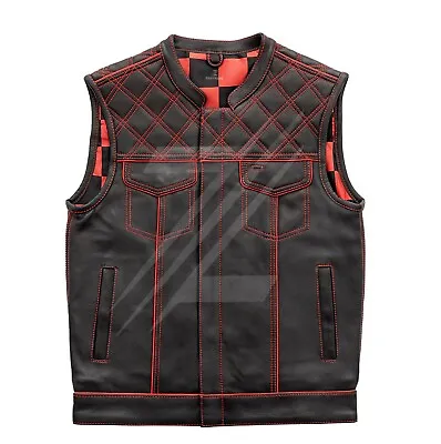 New Men's Cowhide Motorcycle Leather Vest Red Checker Diamond Quilted Biker Vest • $162