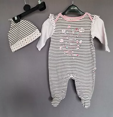 Babaluno Baby Girl Pink Babygrow Sleepsuit With Hat 3-6 Mths.Perfect Condition  • £4.39