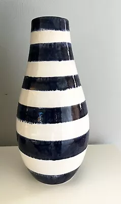 Vintage Mid-Century Modern Large Studio Pottery White Navy Striped Glaze Vase • $37