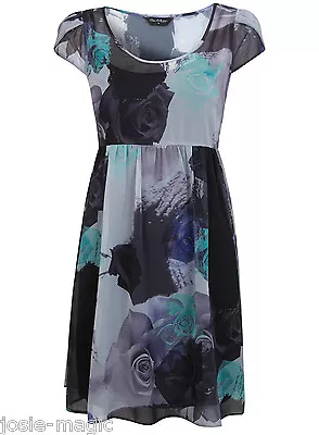 Miss Selfridge UK 8 Floral Rose Print Empire Dress Grey Blue Green Chiffon New • $29.84