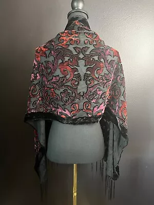 Black Red Viscose Silk Blend Velvet Burnout Scarf Wrap Shawl Spain Leaf  Scroll • $17.98