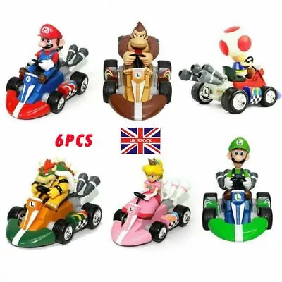 6 × Super Mario Kart Pull Back Car Mini Action Figure Toys Cake Topper Kids Gift • £9.54