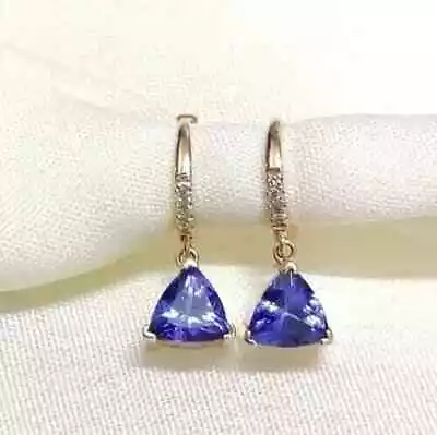 4Ct Trillion Lab Created Blue Tanzanite Dangle Earrings 14K Yellow Gold Plated • $69.99