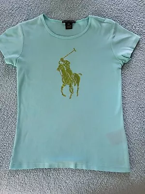 Polo Ralph Lauren Women's Big Pony Graphic T Shirt Aqua With Gold Pony Size M • $14.99