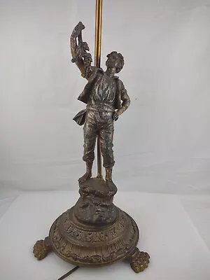 34  Vintage Metal French  Man Boy Farmer Picking Grapes Figure Lamp • $253.34