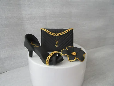 Edible Handmade Shoe Handbag Flower Fondant Sugar Cake Topper (Black/Gold) • £27.99