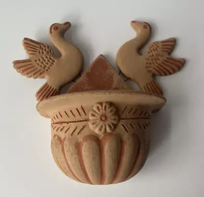 Vtg Mexican Folk Art Pottery Terracotta Hanging Flower Pot Planter 2 Birds • $24.99