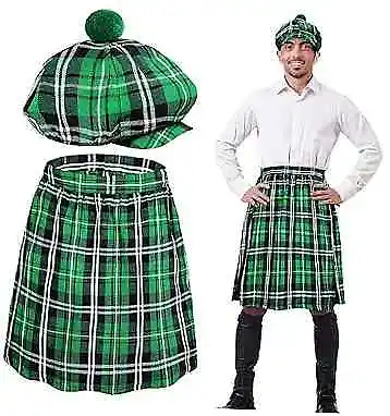  2 Pieces Irish Plaid Green Kilt Scottish Tam With Pompom Set Tartan Skirt  • $35.34