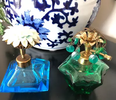 Lot Of 2 Vintage Perfume Bottles Green Blue Flowers Atomizers Irice Glass Vanity • $84