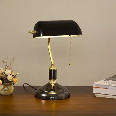 Vintage Bankers Lamp Light Desk BLibrary Piano Lamp Glass Shade Green/Black 15  • $40.44