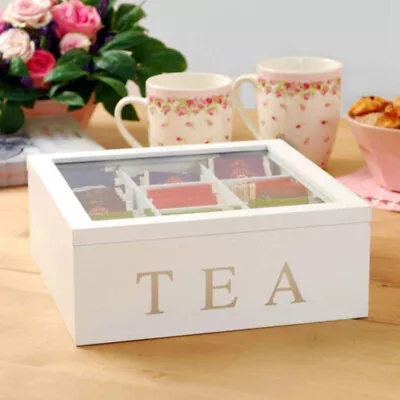 Wooden Tea Box 9-Compartment Tea Bag Chest Box Storage Organizer With Glass Lid • $29.99