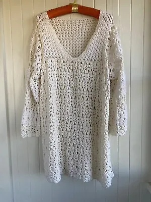 VINTAGE White CROCHET DRESS Handmade Size Medium - Cover Up Or Dress • $85