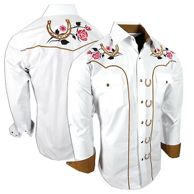 Mens Country Western White Shirt Floral Embroidery Cowboy Rodeo Snap Up Pockets • $37.95