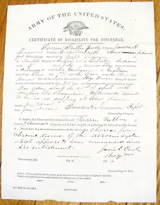 $125 • Buy Civil War 20th Indiana Soldier Disability Discharge St Vitus Dance