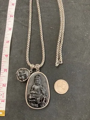 WOW! Very Cool Large Onyx Quan Yin And Buddha Pendants Sterling Necklace • $149