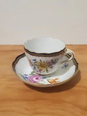 Antique Meissen Demitasse Tea Cup & Saucer Set Flower Bouquet Cobalt Blue Gold • $135