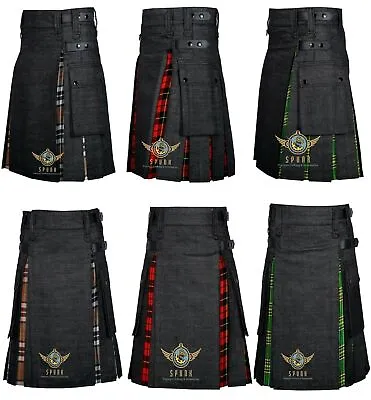 Hybrid KILT Scottish Tartan & Black Denim Utility Kilts For Men's • $51.30