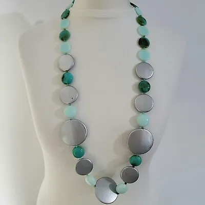 Necklace Long Statement Beaded Silver & Mint Green Flat Plastic Beads Jewellery  • £9.50