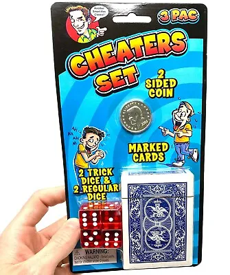 £9.64 • Buy 3pc CHEATERS SET - Marked Playing Cards - 2 Sided Coin - Magic Trick Dice Prank 