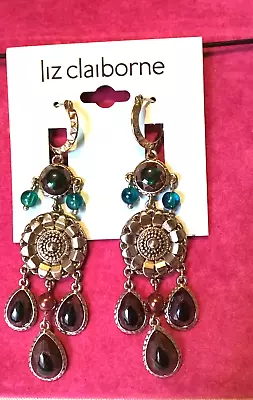 Green/purple Stones Liz Claiborne Long Statement Earrings /New/Lot11e • £6.99