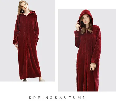 Ladies Zip Up Dressing Gown Womens Hooded Bath Robe Warm Soft Fleece Long Robes • £25.68