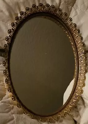 Vintage 14x10” Oval Mirror Vanity Tray  Gold Filigree Ornate Perfume Dresser • $29.99