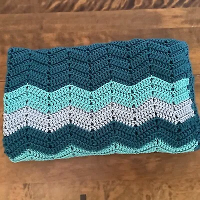 Hand Knitted Blue Chevron Stripe Baby Blanket New Baby Gift • £6.99