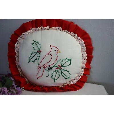 $16.99 • Buy Vintage Cardinal Craft Stitched Embroidered Ruffle Pillow Hand Made Christmas