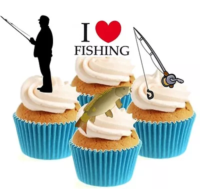 Novelty I Love Fishing Mix 12 Edible Stand Up Wafer Paper Cake Toppers Birthday • £3.29