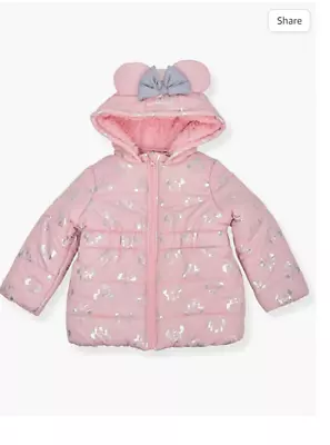 Minnie Mouse Print Disney Girl's Hooded Puffer Jacket With Ears And Bow Pink • $19.45