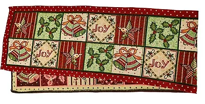 Vintage Handmade Christmas Table Runner Red Green Gold Holly Bells Stars 67  • $14.99