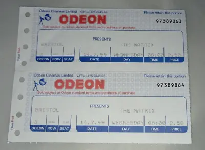 THE MATRIX Film -  Cinema Movie Ticket Stubs Odeon Bristol UK 1999 Vintage Rare • £29.99