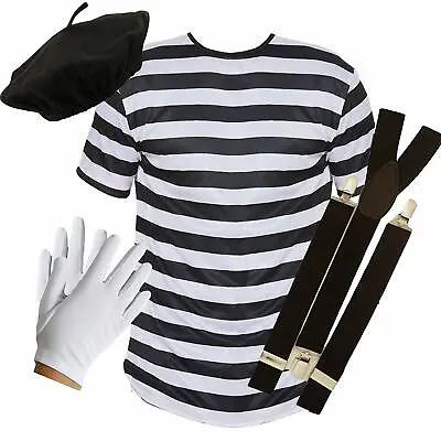 Men's French Man Mime Artist Beret Shirt Braces & Gloves Fancy Dress Costume Set • £16.95