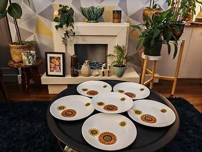 J&G Meakin Studio Pottery Palma Sunflower Mid Century Dessert Plates X 6  20.5cm • £50
