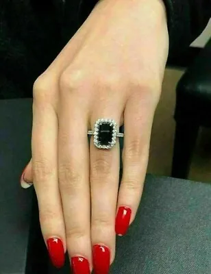 2Ct Emerald Cut Black Onyx & Lab Created Diamond Engagement 925 Silver Gift Ring • $74.80